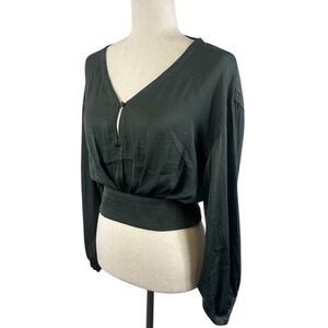 Anthropologie Blouse Top Olive Green Long Sleeve Tie Back V Neck Size XS